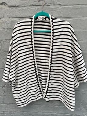 The Korner Striped Open Front Poncho Cardigan Black & Cream